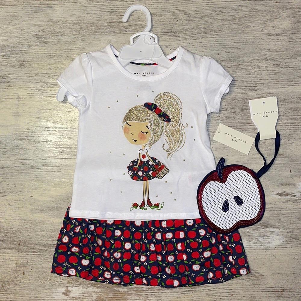 NWT Max Studio Kids Girly Red Navy Apple Shirt Skort Purse Outfit Size 4 Years